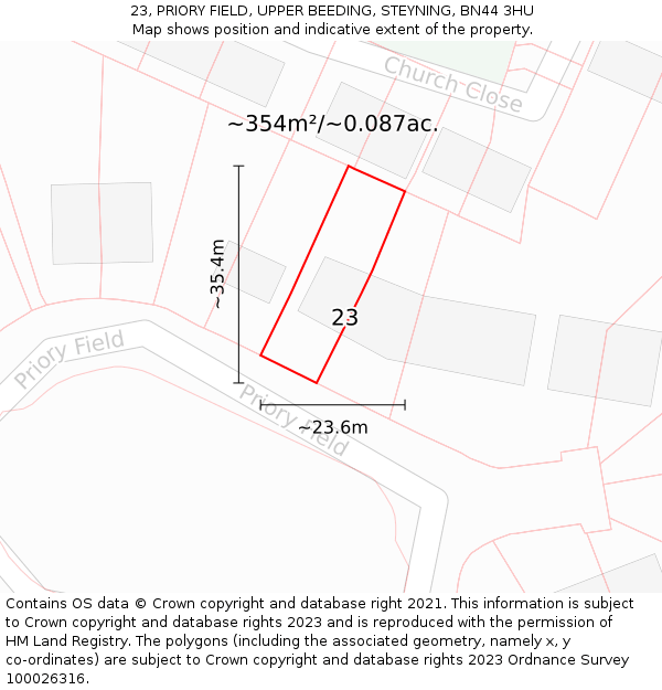 23, PRIORY FIELD, UPPER BEEDING, STEYNING, BN44 3HU: Plot and title map