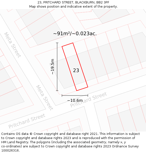 23, PRITCHARD STREET, BLACKBURN, BB2 3PF: Plot and title map