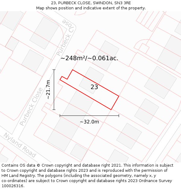 23, PURBECK CLOSE, SWINDON, SN3 3RE: Plot and title map