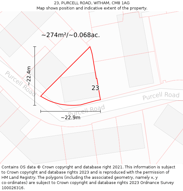 23, PURCELL ROAD, WITHAM, CM8 1AG: Plot and title map