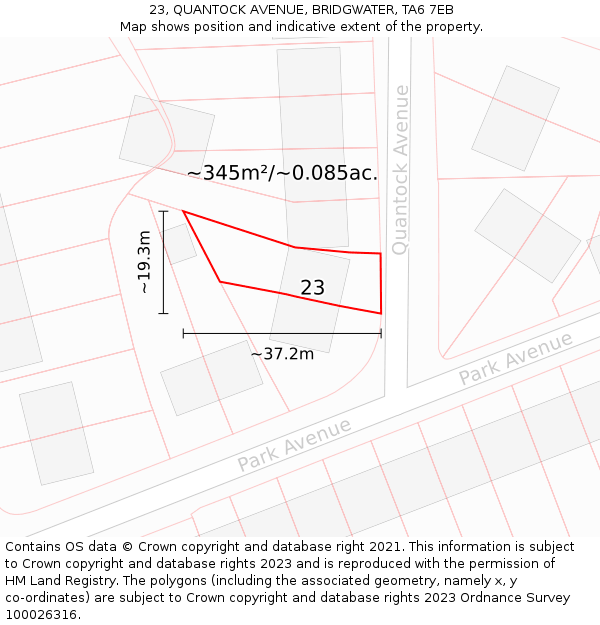 23, QUANTOCK AVENUE, BRIDGWATER, TA6 7EB: Plot and title map