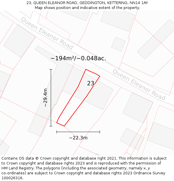 23, QUEEN ELEANOR ROAD, GEDDINGTON, KETTERING, NN14 1AY: Plot and title map