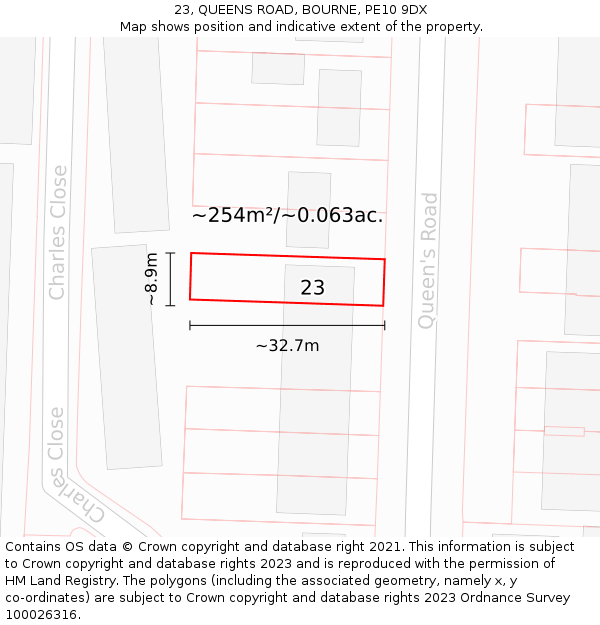 23, QUEENS ROAD, BOURNE, PE10 9DX: Plot and title map