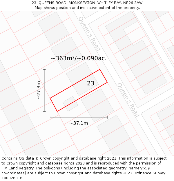 23, QUEENS ROAD, MONKSEATON, WHITLEY BAY, NE26 3AW: Plot and title map