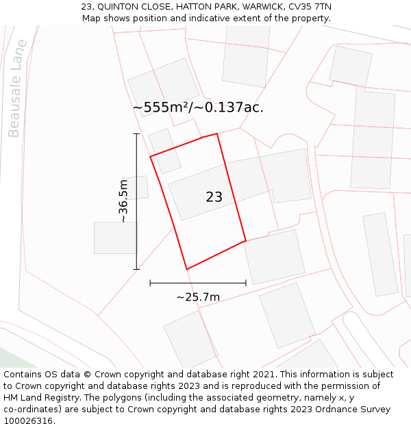 23, QUINTON CLOSE, HATTON PARK, WARWICK, CV35 7TN: Plot and title map