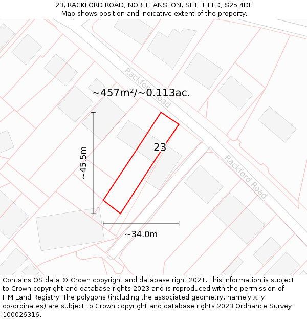 23, RACKFORD ROAD, NORTH ANSTON, SHEFFIELD, S25 4DE: Plot and title map