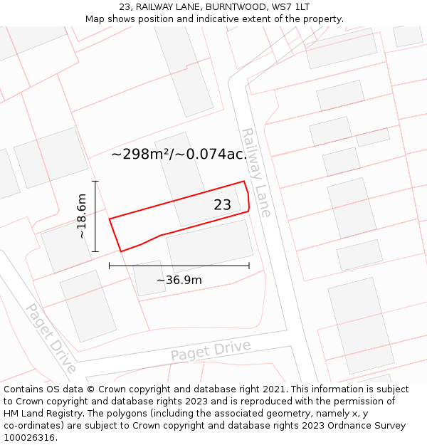 23, RAILWAY LANE, BURNTWOOD, WS7 1LT: Plot and title map