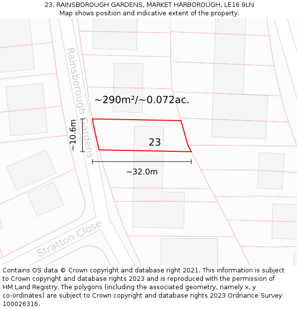 23, RAINSBOROUGH GARDENS, MARKET HARBOROUGH, LE16 9LN: Plot and title map