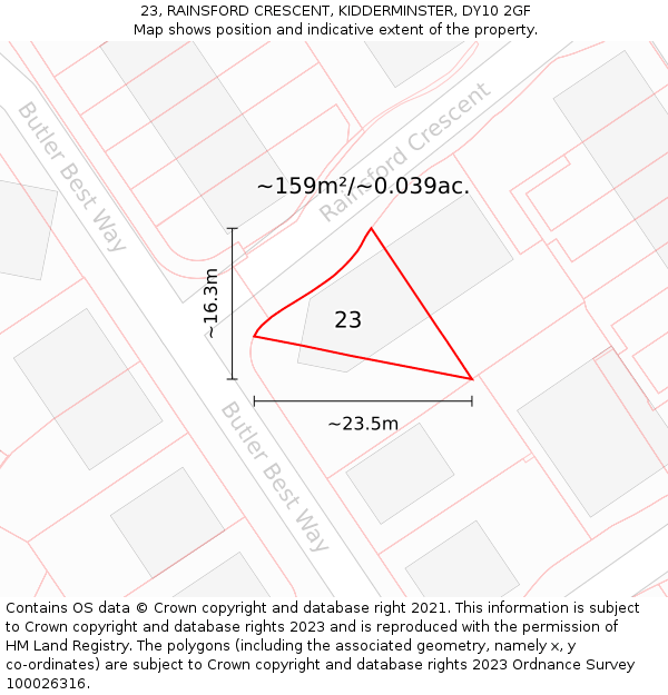 23, RAINSFORD CRESCENT, KIDDERMINSTER, DY10 2GF: Plot and title map