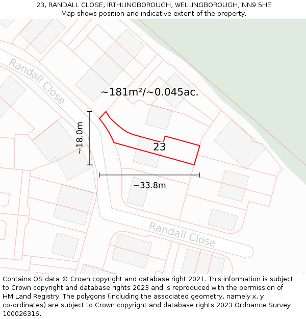 23, RANDALL CLOSE, IRTHLINGBOROUGH, WELLINGBOROUGH, NN9 5HE: Plot and title map