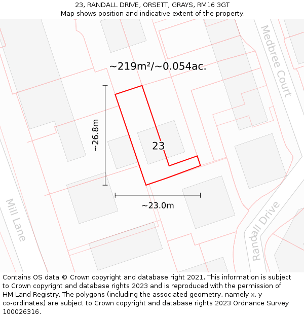 23, RANDALL DRIVE, ORSETT, GRAYS, RM16 3GT: Plot and title map