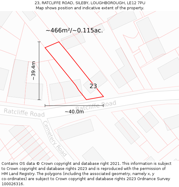 23, RATCLIFFE ROAD, SILEBY, LOUGHBOROUGH, LE12 7PU: Plot and title map