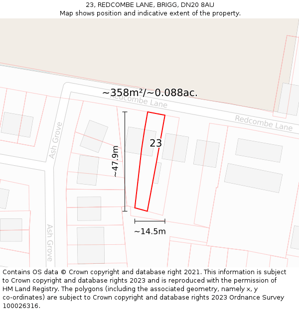 23, REDCOMBE LANE, BRIGG, DN20 8AU: Plot and title map