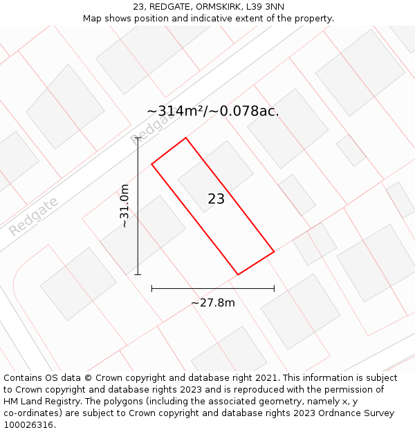 23, REDGATE, ORMSKIRK, L39 3NN: Plot and title map