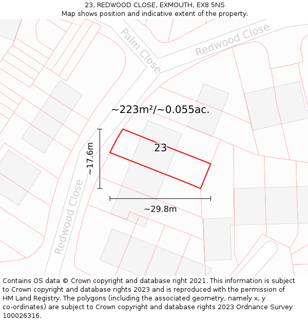 23, REDWOOD CLOSE, EXMOUTH, EX8 5NS: Plot and title map