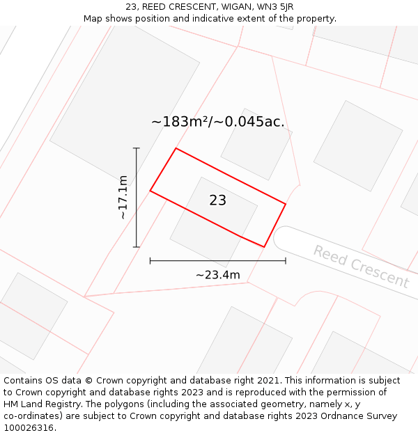 23, REED CRESCENT, WIGAN, WN3 5JR: Plot and title map