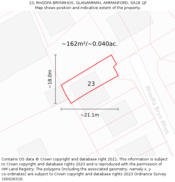 23, RHODFA BRYNRHOS, GLANAMMAN, AMMANFORD, SA18 1JF: Plot and title map