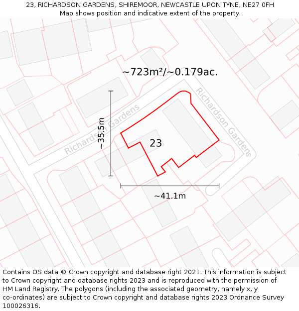 23, RICHARDSON GARDENS, SHIREMOOR, NEWCASTLE UPON TYNE, NE27 0FH: Plot and title map