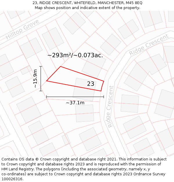 23, RIDGE CRESCENT, WHITEFIELD, MANCHESTER, M45 8EQ: Plot and title map
