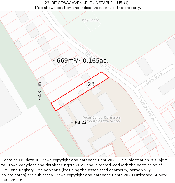 23, RIDGEWAY AVENUE, DUNSTABLE, LU5 4QL: Plot and title map