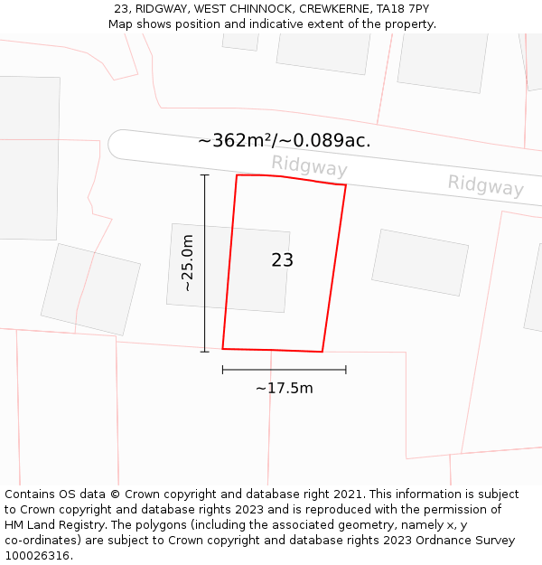 23, RIDGWAY, WEST CHINNOCK, CREWKERNE, TA18 7PY: Plot and title map