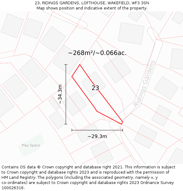 23, RIDINGS GARDENS, LOFTHOUSE, WAKEFIELD, WF3 3SN: Plot and title map