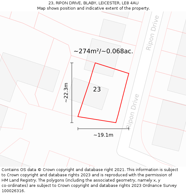 23, RIPON DRIVE, BLABY, LEICESTER, LE8 4AU: Plot and title map