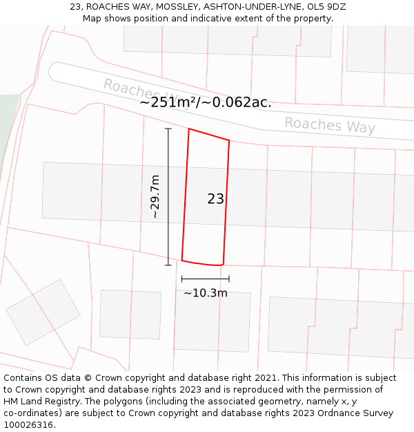 23, ROACHES WAY, MOSSLEY, ASHTON-UNDER-LYNE, OL5 9DZ: Plot and title map