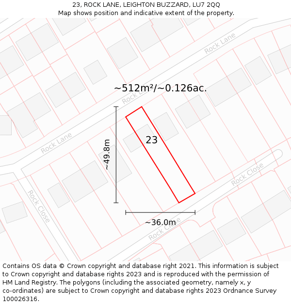 23, ROCK LANE, LEIGHTON BUZZARD, LU7 2QQ: Plot and title map