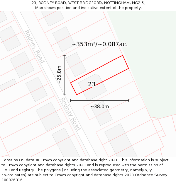 23, RODNEY ROAD, WEST BRIDGFORD, NOTTINGHAM, NG2 6JJ: Plot and title map