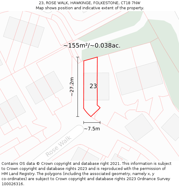 23, ROSE WALK, HAWKINGE, FOLKESTONE, CT18 7NW: Plot and title map