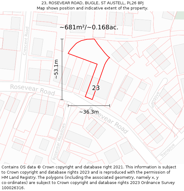 23, ROSEVEAR ROAD, BUGLE, ST AUSTELL, PL26 8PJ: Plot and title map