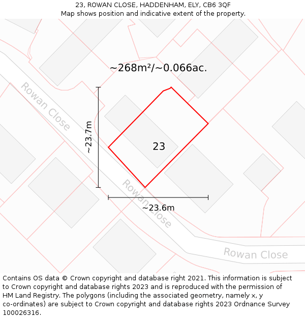 23, ROWAN CLOSE, HADDENHAM, ELY, CB6 3QF: Plot and title map