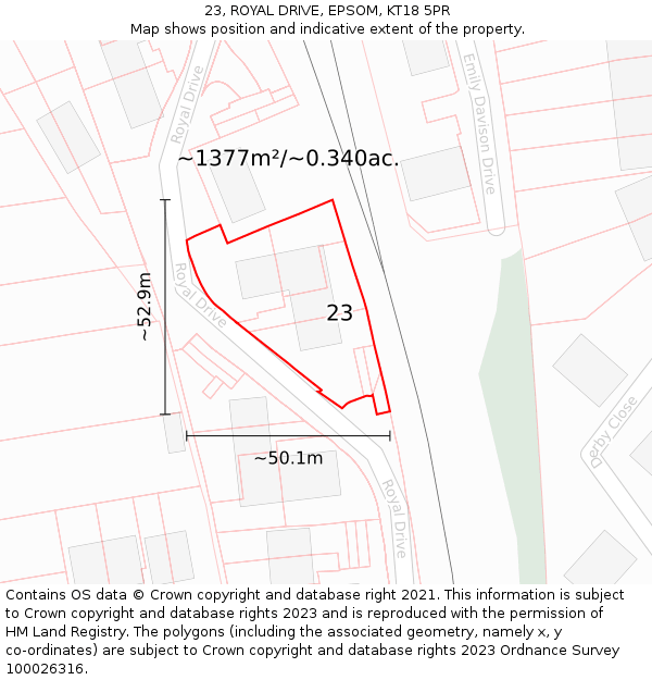 23, ROYAL DRIVE, EPSOM, KT18 5PR: Plot and title map