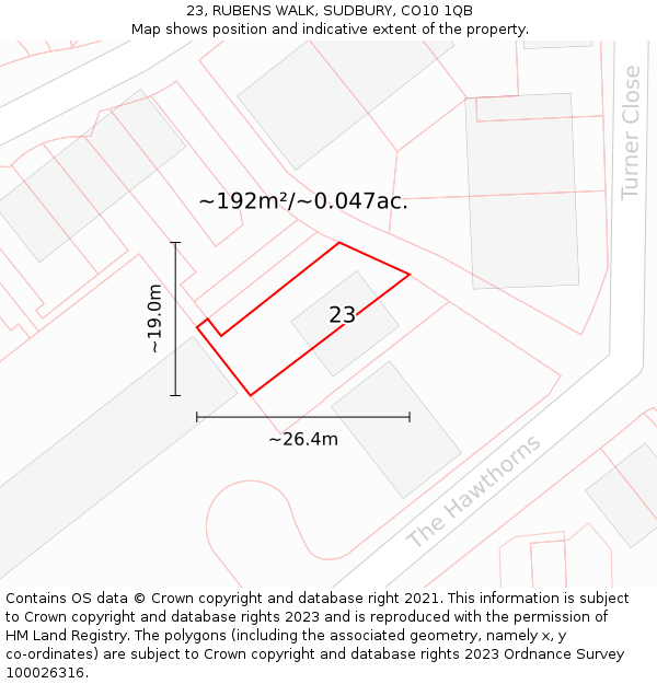 23, RUBENS WALK, SUDBURY, CO10 1QB: Plot and title map