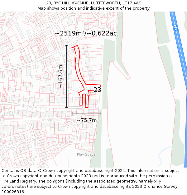 23, RYE HILL AVENUE, LUTTERWORTH, LE17 4AS: Plot and title map