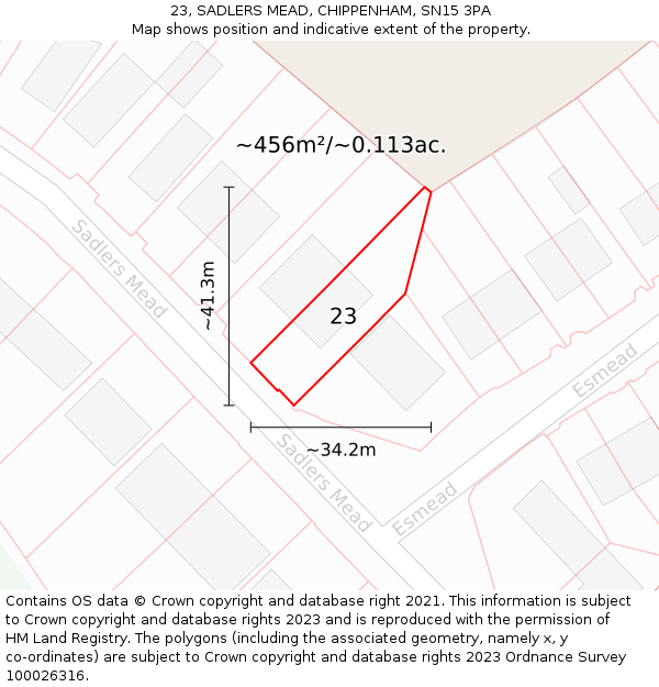 23, SADLERS MEAD, CHIPPENHAM, SN15 3PA: Plot and title map