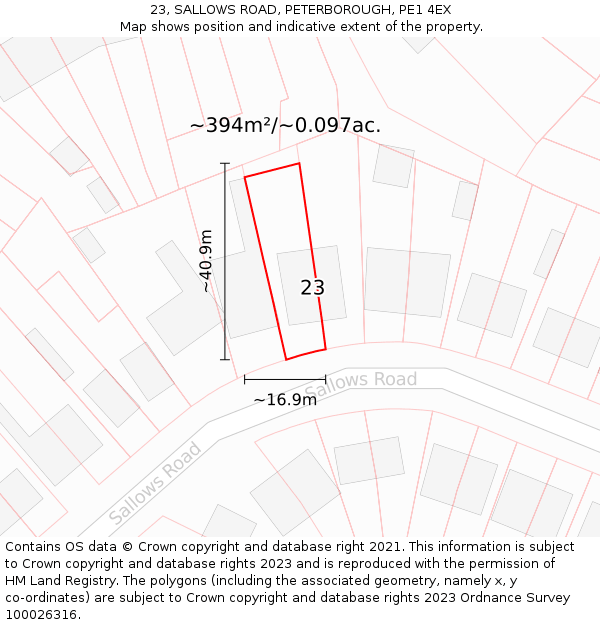 23, SALLOWS ROAD, PETERBOROUGH, PE1 4EX: Plot and title map