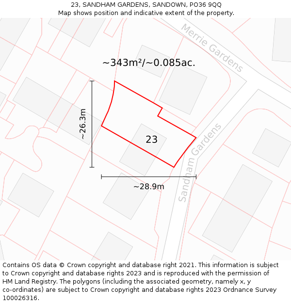 23, SANDHAM GARDENS, SANDOWN, PO36 9QQ: Plot and title map