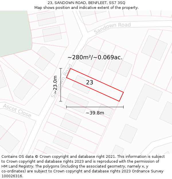 23, SANDOWN ROAD, BENFLEET, SS7 3SQ: Plot and title map