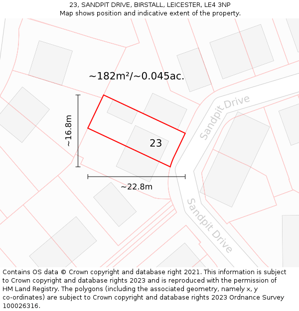 23, SANDPIT DRIVE, BIRSTALL, LEICESTER, LE4 3NP: Plot and title map