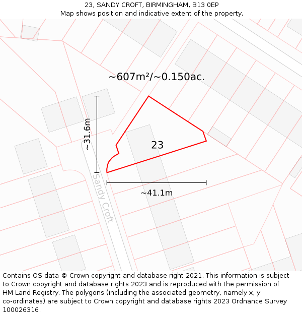 23, SANDY CROFT, BIRMINGHAM, B13 0EP: Plot and title map