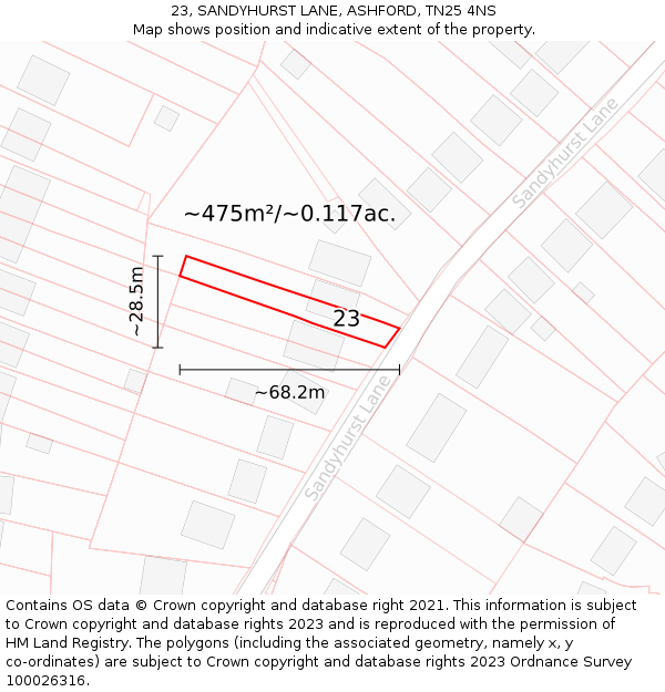 23, SANDYHURST LANE, ASHFORD, TN25 4NS: Plot and title map