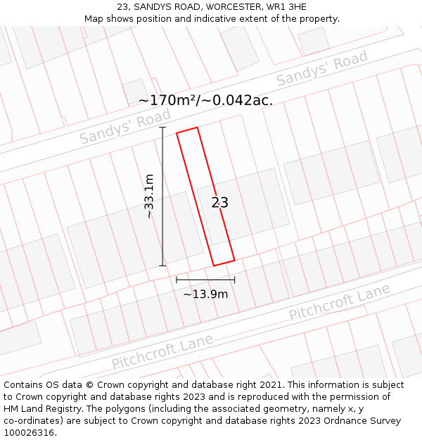 23, SANDYS ROAD, WORCESTER, WR1 3HE: Plot and title map