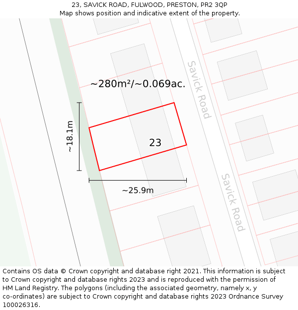 23, SAVICK ROAD, FULWOOD, PRESTON, PR2 3QP: Plot and title map