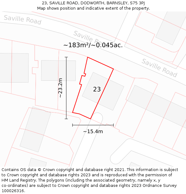 23, SAVILLE ROAD, DODWORTH, BARNSLEY, S75 3PJ: Plot and title map