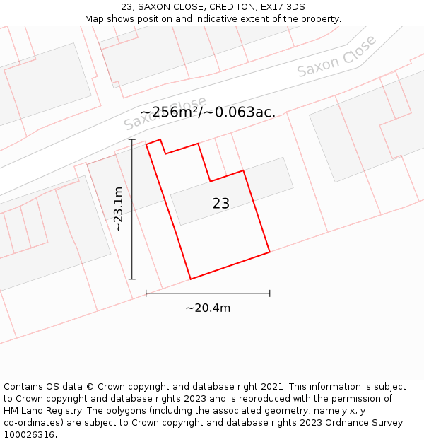 23, SAXON CLOSE, CREDITON, EX17 3DS: Plot and title map