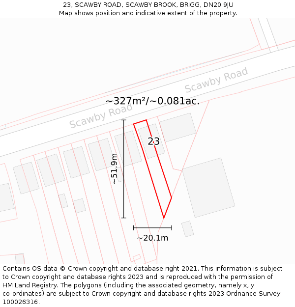 23, SCAWBY ROAD, SCAWBY BROOK, BRIGG, DN20 9JU: Plot and title map