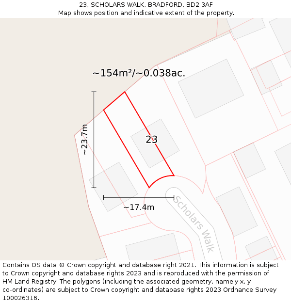 23, SCHOLARS WALK, BRADFORD, BD2 3AF: Plot and title map