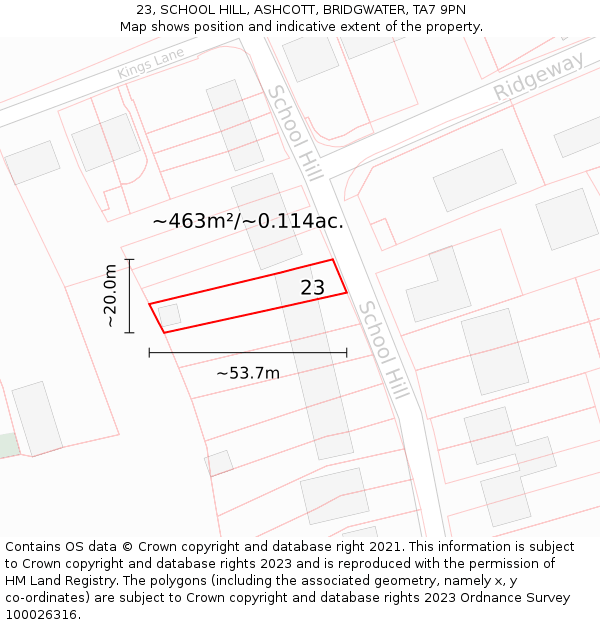 23, SCHOOL HILL, ASHCOTT, BRIDGWATER, TA7 9PN: Plot and title map